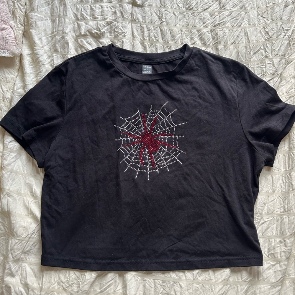SHEIN Black Crop Top with Red Spider Web Design